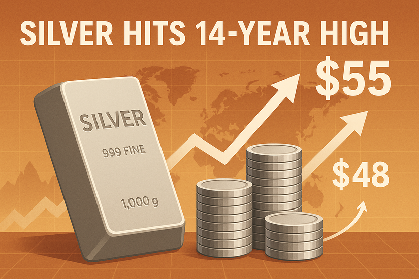 Серебро на пути к $55: Цена достигла 14-летнего максимума