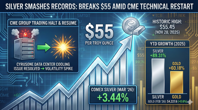 Серебро обновило исторический максимум, превысив $55 за унцию