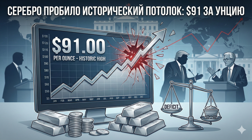 Серебро пробило исторический потолок: $91 за унцию на фоне дефицита и политики