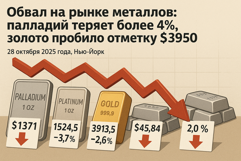 Обвал на рынке металлов: палладий теряет более 4%, золото пробило отметку $3950