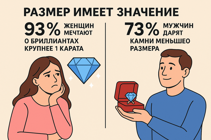 Размер имеет значение: 93% женщин мечтают о бриллиантах крупнее 1 карата, но 73% мужчин дарят камни меньшего размера