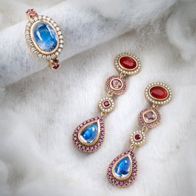 Серьги и кольцо с адулярами и эмалью