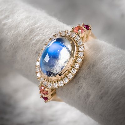 Серьги и кольцо с адулярами и эмалью