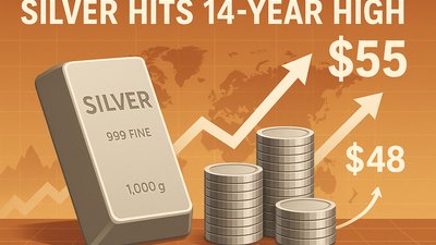 Серебро на пути к $55: Цена достигла 14-летнего максимума