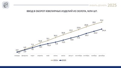 Федеральная пробирная палата: ввод золотых украшений в оборот по итогам 2025 года снизился на 21,8%