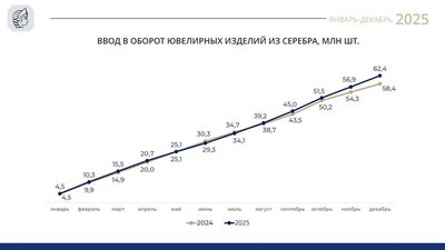 Рынок серебра в плюсе: по итогам 2025 года в оборот введено 62,4 млн изделий