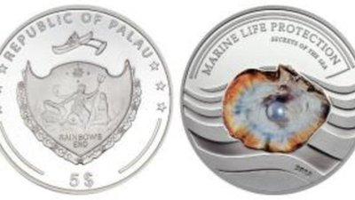 Жемчужина – на серебряной монете Палау (5 долларов)