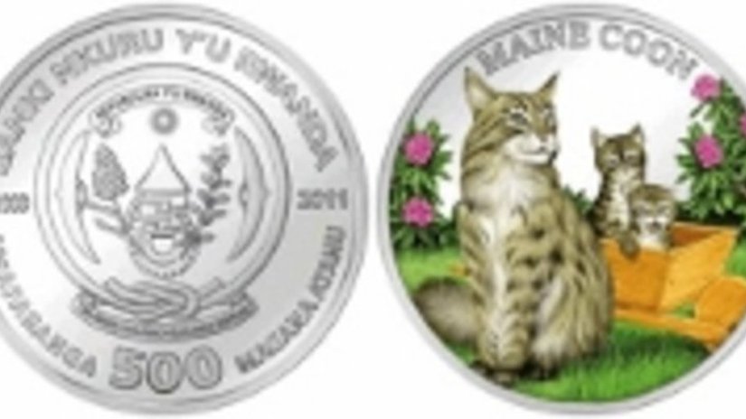 Рес­пуб­ли­ка Ру­ан­да пред­ста­ви­ла мо­не­ту с изоб­ра­же­ни­ем кош­ки и котят по­ро­ды «Мейн кун»